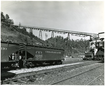 Chesapeake and Ohio Coal cars coming out of a loading dock at mine 207.
