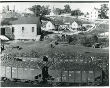 Chesapeake and Ohio Coal train cars in front of a community of houses. 