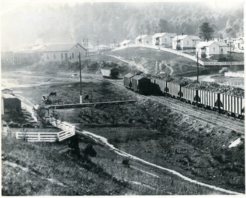 Caption on back reads, 'The one grade White Oak is mighty proud of its Domestic Mine Run. Here you see twenty-two cars of this grade at our Cranberry No. 3 Mine. This Mine Run is very coarse; free from impurities; has a bright shiny appearance and we ship a million tons of it every year. Just think of it, 20,000 cars of this fine fuel shipped to satisfied customers each year. We also want you to notice the background of the picture, showing the neat homes occupied by the men who mine 'White Oak' coal. Notice also how neat the surroundings are. Houses are kept neatly painted; yards fenced; grounds kept clean and everything possible done to provide a nice place for employees to live.'