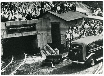 Crowds surround the Christopher Coal Company mine where 56 miners were killed in 1942.