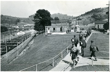 Miners walking from the man-trip entrance to wash house on well kept ground of Mine No. 32, Consolidation Coal Co., W. Va. 