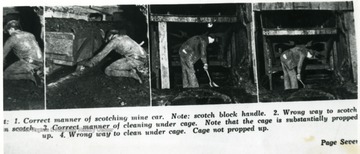 Four pictures showing the proper and wrong ways to scotch and clean under cages.