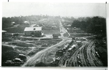 Birds eye view of Summerlee Mine, shows railroad leading to the tipple.