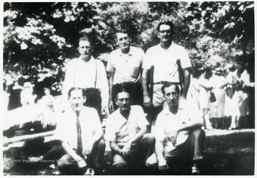 Group portrait of Mooney brothers. 'Top Left, Rufus Mooney, Middle Top, Earnest Mooney (Deceased), Top Right, John Mooney, Bottom Left, Ira Mooney (Deceased), Bottom Middle, Oather Mooney. All Six Brothers of Fred Mooney. He also left six sisters; Ethel, Effil (Deceased), Edith, Julia, Opal, Elizabeth.'