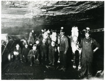 Group portrait of miners standing with horses in a mine.