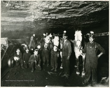 'Interior mine scene shows men using the lard oil miner's lamp and the use of horses as well as mules. New England Mine.'