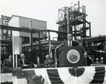 Dedication by Sec. of Interior Stewart Udall of new plant at Cresaps, W. Va. Conversion of coal to gasoline. Seated 2nd from left is Arch A. Moore of the U.S. House of Representatives.