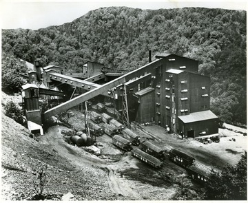 Large plant with filled coal cars outside.