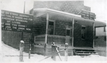 Union Hall, Local 4346 and strike sign on left side.