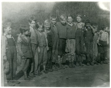 Group of boys probably near the Shack, Pursglove, W. Va., Monongalia County. 'For information on the Mountaineer Mining Mission See A&amp;M 2491 (S.C.).'