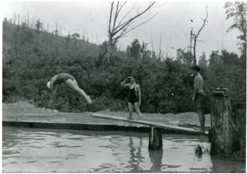 Three people are swimming, one is in the middle of a dive.