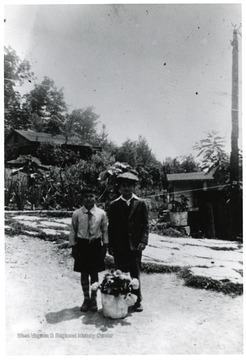 Two boys stand with a flower pot.