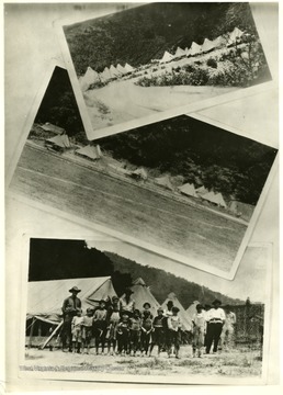 Top two photos show tent colonies from a distance.  Bottom photo shows a group of children standing with miners for a picture.