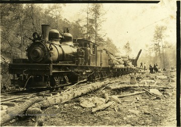 Train carrying logs and a crane.  Men working with crane in the background.