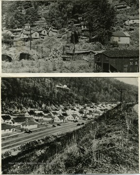 Top photo is of 'a typical Mining camp of fifty years ago.'  Bottom photo is of 'a modern mining town today.'