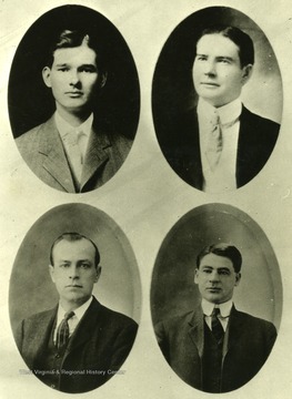 'Top, Left: W.W. Phaup, wounded; and Right, Robert Stringer, killed, near the village of Pratt.  Bottom, left: J.E. Hines, killed in "Battle of Mucklow"; and Right, D.C. Slater, killed at village of Eskdale. The 4 pix used on p. 28 of [Lee's] book.'