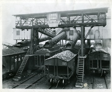 Coal miners loading railroad cars at the tipple located at Bartley, West Virginia. Please credit this photograph to the Pocahantas Fuel Company. 