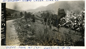 Tracks, trees, homes at Danville, W. Va. visible from mountaintop.  Photograph from Joe Ozanic scrapbook.