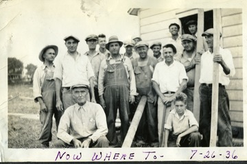 Group portrait of Volunteer Workers. 'Summer 1936, Members, PMWA L.U. - Volunteers working in Mt. Olive Miners Cemetary on Mother Jones Martyrs Memorial Project.' 