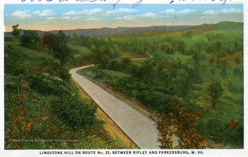 Postcard from Souvenir Folder Mountain Scenes, Midland Trail, and State Route No. 21, West Virginia.  From Joe Ozanic Scrapbook.