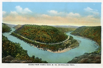 Postcard from Souvenir Folder Mountain Scenes, Midland Trail, and State Route No. 21, West Virginia.  From Joe Ozanic Scrapbook.