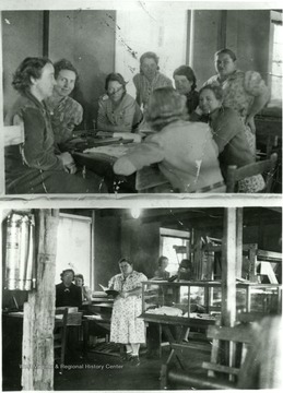 Women socializing and working in the weaving room in two photographs.