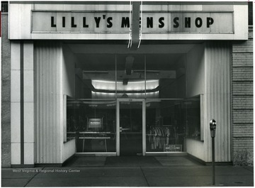 Lilly's Mens Shop store front, 108 Main Street, Beckley.  'Present owners: J.G. Lilly, Joe G. Lilly Jr., and Jack D. Lilly.'