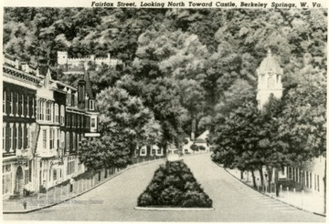 Postcard of Fairfax Street, looking North toward Castle in Berkeley Springs, W. Va. 