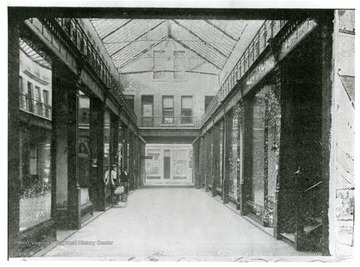 View of the covered walkway of the Charleston Arcade located in Charleston, West Virginia.