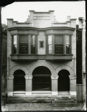 Exterior of the McGraw Building in Grafton, W. Va.  The Grafton Bank occupies the lower level, while McGraw's Law Offices are upstairs.