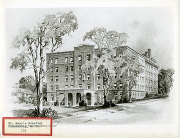 An ink drawing of St. Mary's Hospital, in Clarksburg, West Virginia.