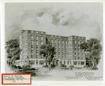 An ink drawing of De Sales Hall, the School of Nursing building at St. Mary's Hospital, in Clarksburg, West Virginia.  L. D. Schmidt, Architect, Fairmont, W. Va. and Rev. Michael McInerney, OSB, Architect Associate, Belmont, N. C.