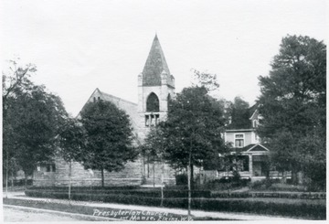 Prebysterian Church and Manse (ministers' residence) with trees in front of them, Elkins, W.Va., Randolph County.