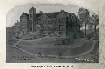 View of the new high school on the corner of Quincy and Adams Street in Fairmont, West Virginia.  Holbert and Spedden, contractors.