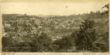 View of Fairmont, West Virginia from Palatine Knob.  Hamilton's Hill bounds the city in the left background.   Houses stand on Pierpont's Hill on the right.