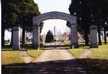 View of the Loar Memorial Main Gate Bluemont Cemetery, in Grafton, West Virginia. The cemetery is located at 1 W. Main Street, Grafton, WV 26354.