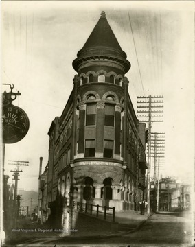 View of the entrance and tower of the First National Bank in Grafton, West Virginia.