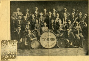 Photo from the Grafton Sentinel, March 11, 1925.Members of the Saxophone Band include:  George Foster Peer (pictured far right, age 14), Carl Goodwin, Everett Reese, Lawrence Swisher and James Barens, soprano; James Harter, Ward Blandy, Charles Wilmoth, Charles Shroyer and William Glenn, altos; John Harter, Virgil Handley, John Evans, John Riley, Alfred Morgan, and R. A. Broom, C., melody; Russell Evan and Lorain Evens, tenors; Horace Helms and P. A. Barcus, baritones; Jesse Corbin, bass; and Billy Dell and Clyde Trader, drums.