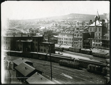 View of Grafton, W. Va. showing railroad yards and various buildings.  Including pool room and saloon.