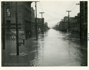 Main Street in Downtown Wheeling, West Virginia is underwater because of the damaging flood of 1936.