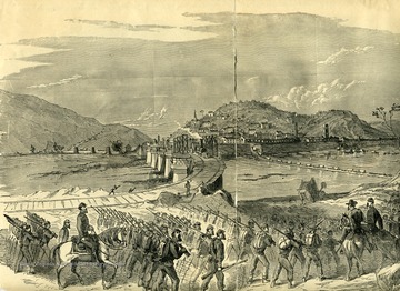 Drawing of soldiers and wagon trains crossing the Potomac in this sketch by A. Lumley.