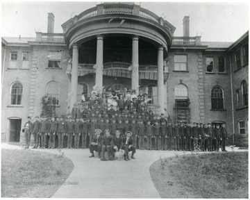 Group portrait of boys in front of the Administration building at the Industrial School for Boys, near Grafton, W. Va.