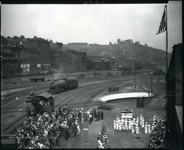 Crowd gathered at a ceremony at the B&amp;O railroad yard in Grafton, W. Va.
