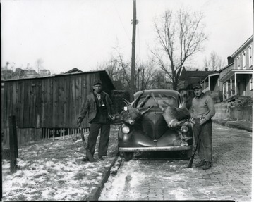 Two hunters stand next to their kills in Grafton, W. Va.