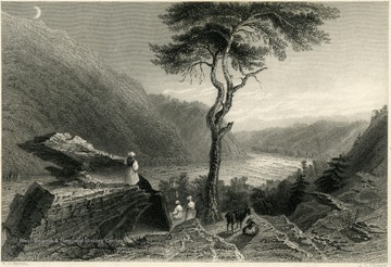 Engraving of people standing on Jefferson's rock overlooking the Shenandoah Valley.