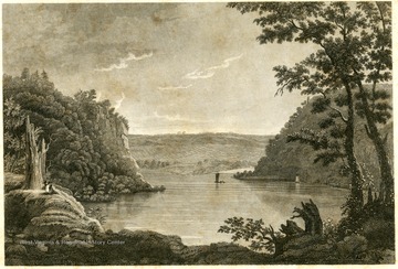 Engraving of the confluence of rivers at Harpers Ferry.