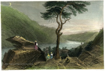 Color engraving of people standing and looking out over the Shenandoah River from Jefferson's Rock at Harpers Ferry, W. Va.