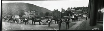 Stagecoaches are lined up in front of a building in Harpers Ferry, W. Va.