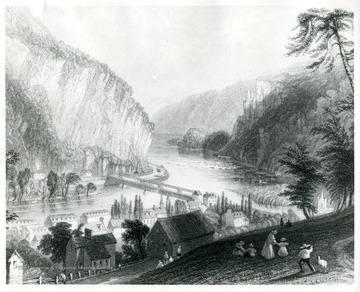 An engraving of Harpers Ferry from the Potomac side.
