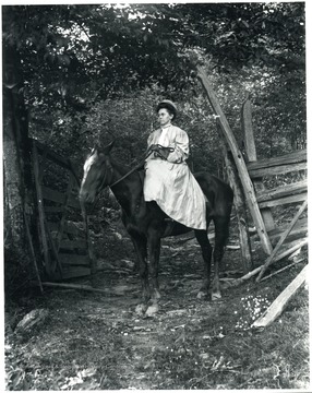 Woman sitting on a horse in a fenced in area by a forest.  Helvetia, W. Va.